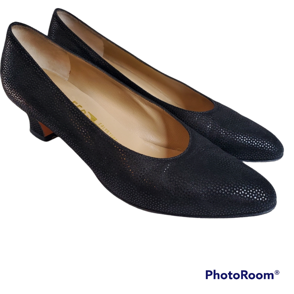 Salvator Ferragamo Suede Black Heel Pumps Low Heel With A Shimmer Size 8